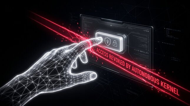 Wireframe hand touching glowing button for access revoked by autonomous kernel on dark background.