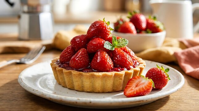 Fresh strawberry tart on a plate in a bright kitchen