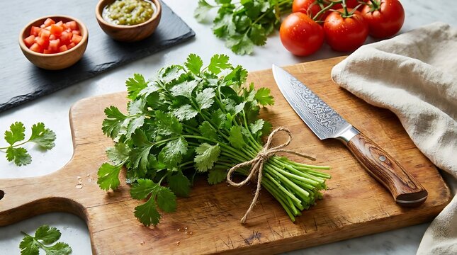Fresh cilantro bunch on a wooden cutting board with knife