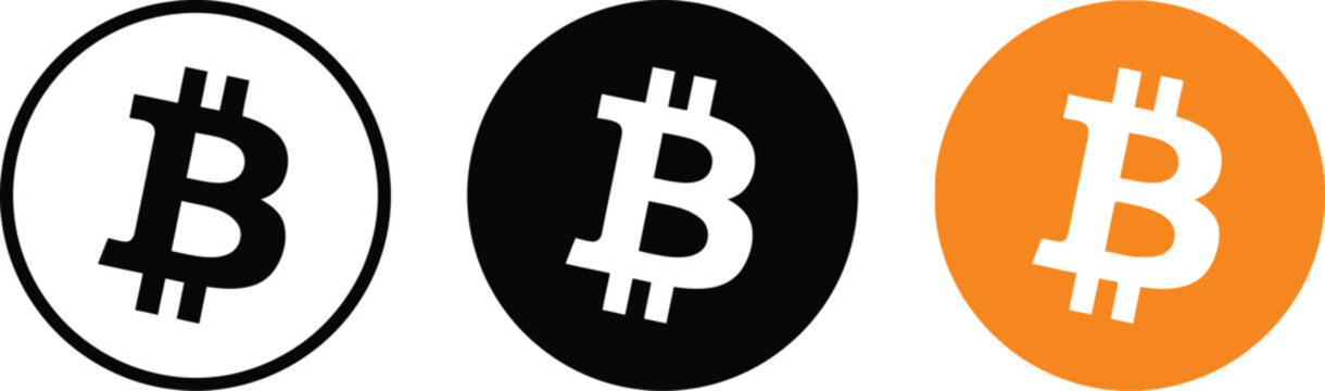 Three different bitcoin cryptocurrency logo icons in black and orange colors