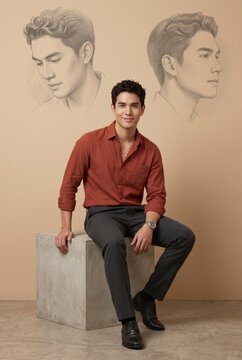 Young Asian man in a rust shirt sitting on a concrete block against a beige wall with sketches