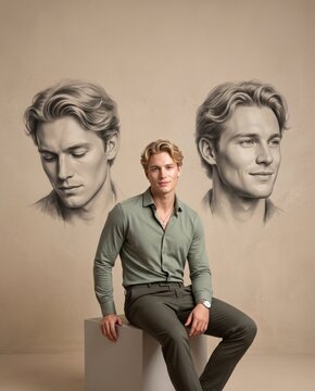 Young man sitting on a block with artistic sketches of his face on a neutral background