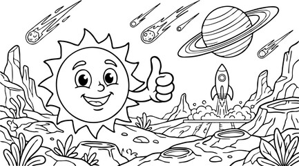 Cute cartoon sun character giving thumbs up in outer space with rocket, planet, and comets © Satria