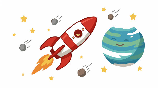 Cartoon rocket ship flying past a smiling planet with stars and asteroids, flat design vector illustration
