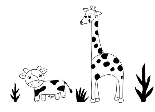 Cute cartoon cow and giraffe line art coloring page vector illustration