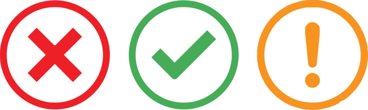 Set of circle icons with cross checkmark and exclamation mark symbols