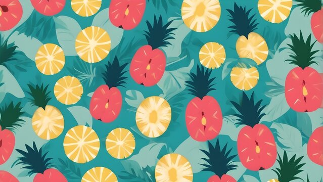 Colorful tropical seamless pineapple pattern with fruit slices and leaves on a vibrant teal background, summer illustration