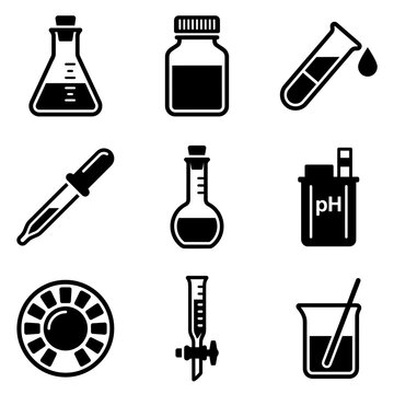 Set of laboratory glassware and scientific equipment icons in black glyph style