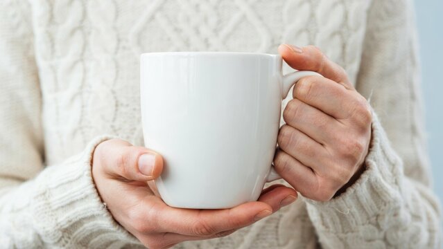 Person holding a white ceramic coffee mug