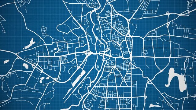 Ink reveal animation of Halle (Saale) city, state of Baden-W&uuml;rttemberg, Germany, grid map. Aerial top view. Blueprint style. White lines with blue background. 4K Seamless loop.