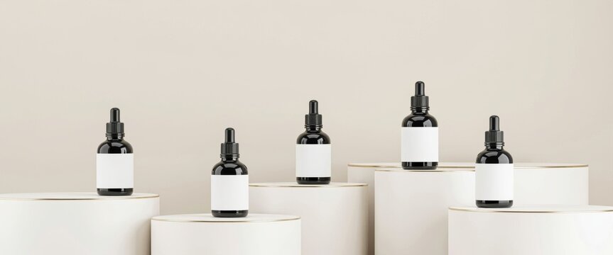 Black dropper bottles on white podiums