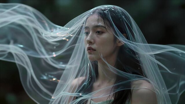 A woman in a flowing, translucent veil with tears and bubbles around her.