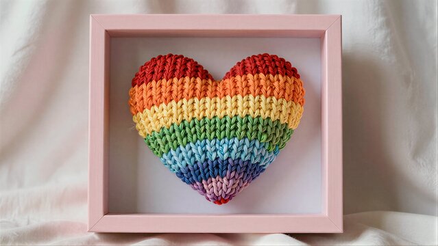 Rainbow knitted heart in pink frame, soft fabric background.