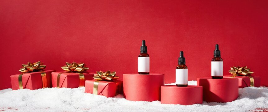 Serum bottles on red pedestals with christmas gifts