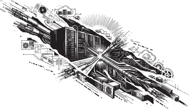 Dynamic ink of a server room with exploding network cables, digital components, and abstract tech on white