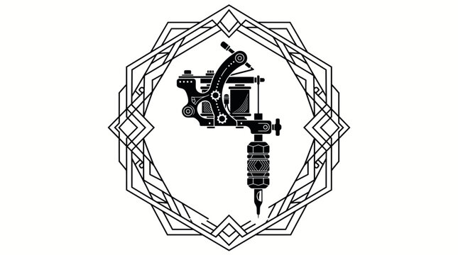 Vintage tattoo machine illustration inside an elegant geometric art deco frame.