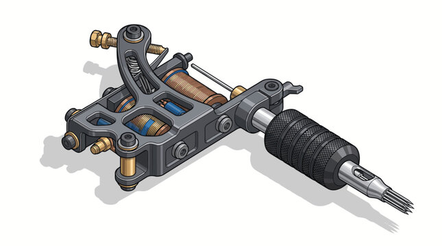 Professional coil tattoo machine illustration isolated on a white background.