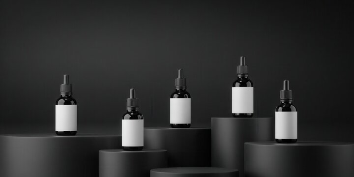 Black dropper bottles mockup on podiums