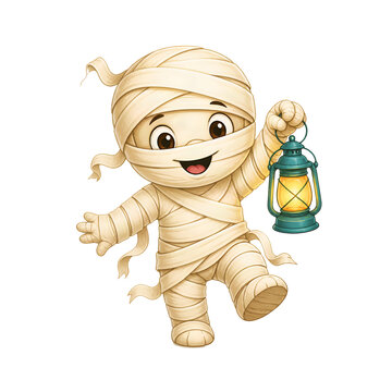 Cute little cartoon mummy holding a glowing lamp, Halloween vector illustration