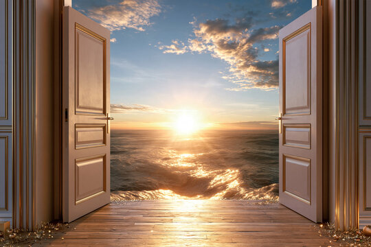 Golden sun rises over endless ocean through open doors. Warm light spills across wooden floor and flimsy doors. Sky clouds glow softly above vast horizon. Scene invites wonder, hope, or escape