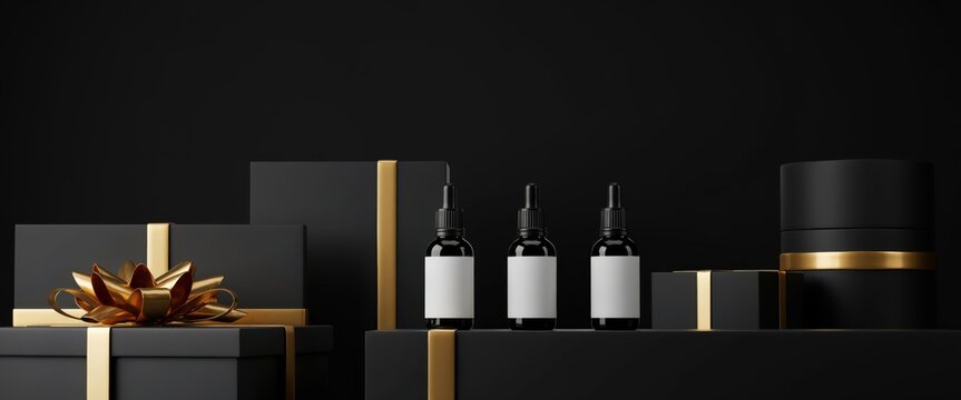 Black and gold cosmetic product presentation mockup