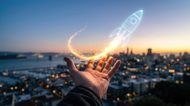 A conceptual image of a human hand holding a glowing digital rocket launching over a modern city skyline at sunset