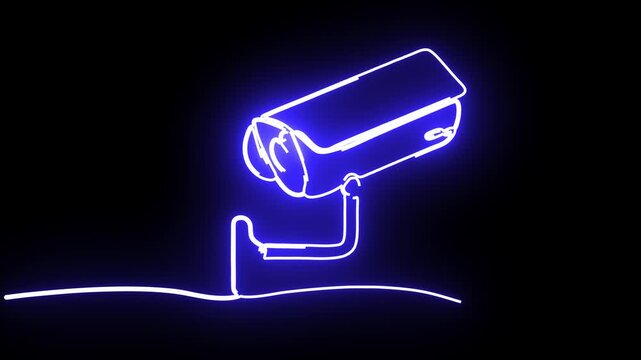 Continuous Line Drawing Animation Of Neon Blue Security CCTV Camera Surveillance   