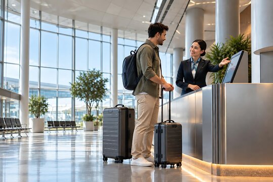 Traveler checking in at modern airport terminal counter with ground staff assistance for flight departure