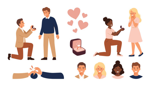 Marriage proposal vector character set featuring diverse couples proposing on one knee presenting diamond rings engagement boxes and romantic heart elements