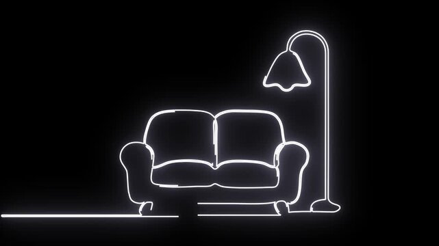 Continuous Line Drawing Animation Of Neon White Sofa Couch Floor Lamp   