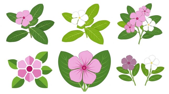 Set of periwinkle flowers botanical flat vector illustration