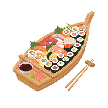 A wooden sushi boat filled with assorted nigiri and maki rolls, garnished with wasabi, ginger, and soy sauce dish, shown in a vibrant flat composition.