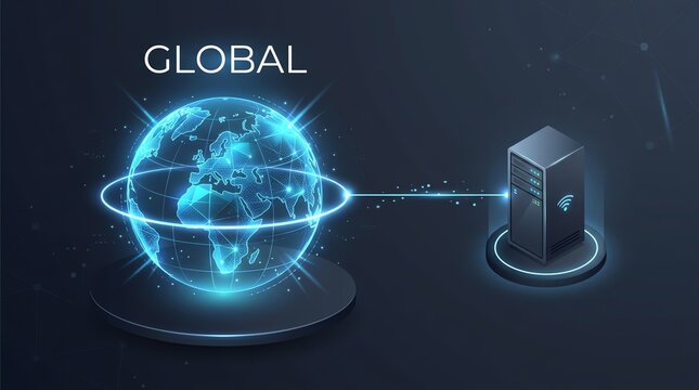 Seamless global network connectivity with glowing Earth and secure server infrastructure, depicting advanced data exchange and internet technology
