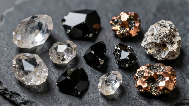 Various gemstones and minerals arranged on a dark slate surface.