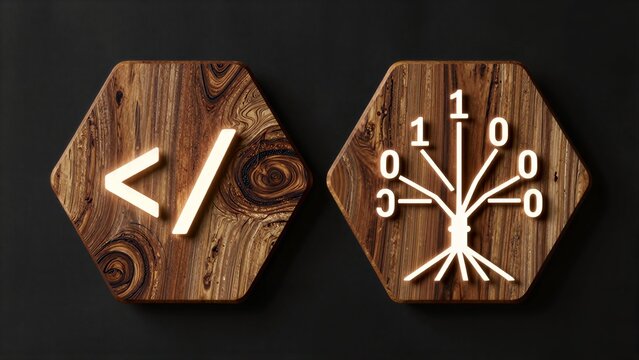 Wooden hexagons display code and binary tree, symbolizing digital logic on natural surfaces.