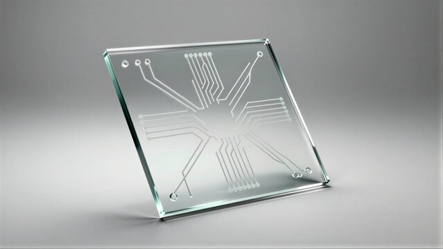 Transparent glass panel with intricate etched circuit patterns and small spherical indentations.