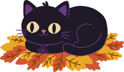 Cute black cat lying down on autumn leaves for Halloween © YONIGOODS