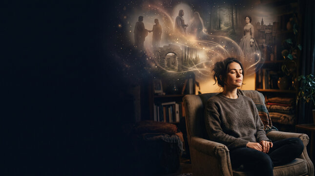 Past life regression and soul memories concept, woman in meditation with ethereal historical incarnations and copy space