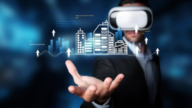 Business professional using virtual reality headset to interact with futuristic cityscape, technology, data visualization, and innovation in the digital era Gluon.