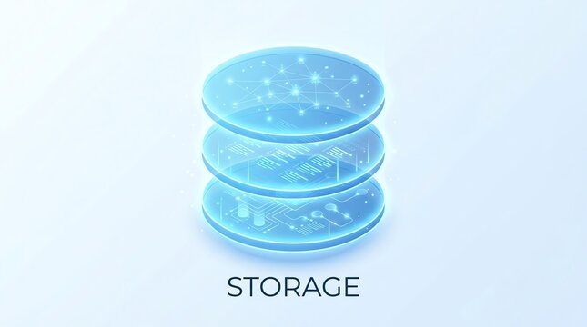 Futuristic Holographic Data Storage Icon representing Cloud Database and Big Data Technology on a Light Blue Background