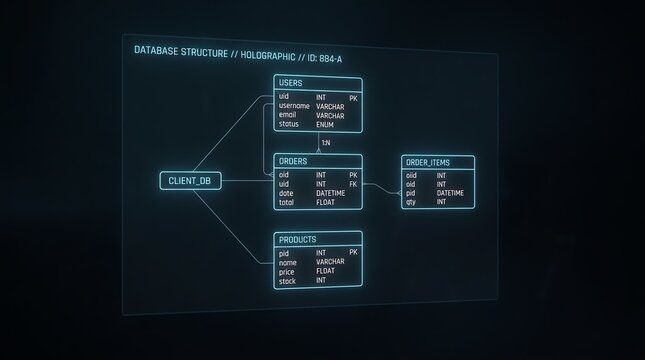 Futuristic holographic projection of a complex relational database structure, displaying interconnected data entities in a modern digital environment