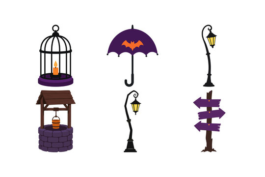 Set of Halloween themed decorative elements including cage umbrella street lamp and signpost.