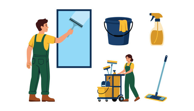 Professional Cleaning Service Vector Illustration Set with Janitor Washing Window Housekeeper Pushing Cart Bucket Spray Bottle Mop Isolated on White Background