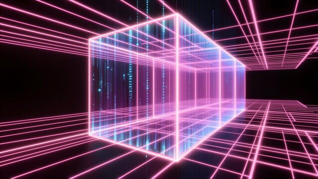 Neon pink and blue digital cube with glowing lines against a dark background.