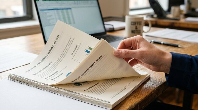 Hand Flipping to the Next Page of a Report, Close-Up View &ndash; Tax Filing Season Concept