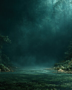 Mysterious teal forest river surrounded by dense foliage and soft mist, with filtered light creating an atmospheric natural setting and open central space.