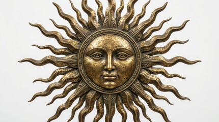 Fototapeta premium Antique Bronze Sun Face Sculpture with Wavy Rays Isolated on White Background for Celestial Home Decor