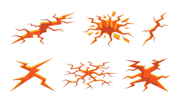 Orange ground crack vector icon set featuring isometric earth fractures disaster effects dry soil splits and cracked stone surface design elements