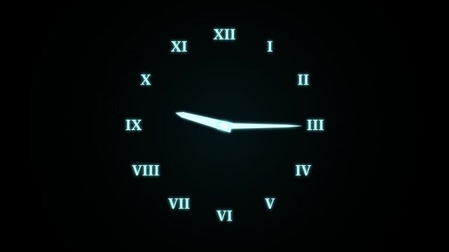 Neon Roman Numeral Analog Clock with Glowing Cyan Hands Spinning Fast on Black Background