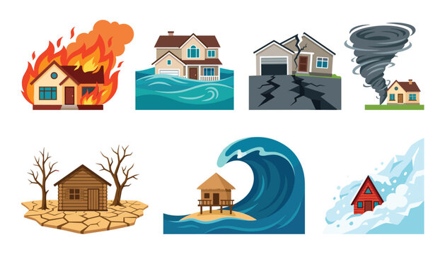Natural disaster vector icon set showing house damage from wildfire flood earthquake tornado drought tsunami and snow avalanche isolated on white background.